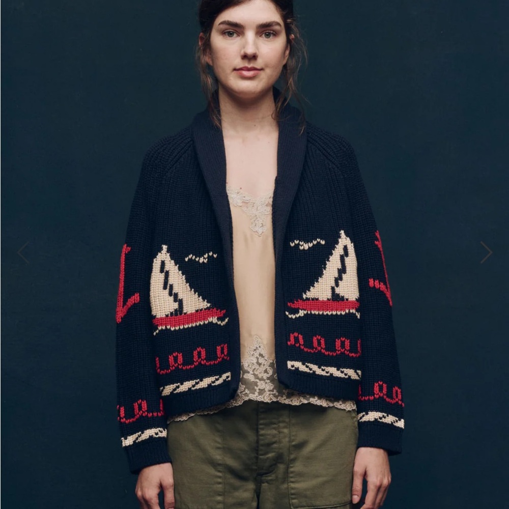 THE GREAT. Navy Sailboat Knit Cardigan with Cream and Red Accents - Picture 2 of 13